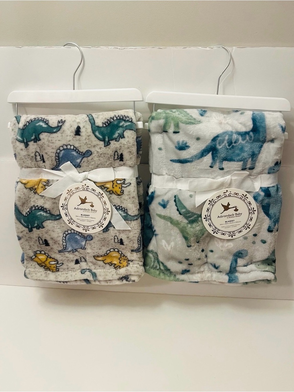 Adirondack Baby by Berkshire Lot of 2 Dinosaur Blankets Gray Blue Yellow Plants